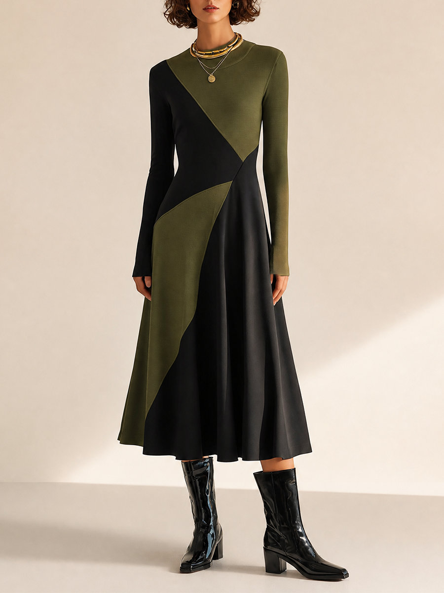 Women's Round Neck Long Sleeve Belted Midi Dress – ModClo