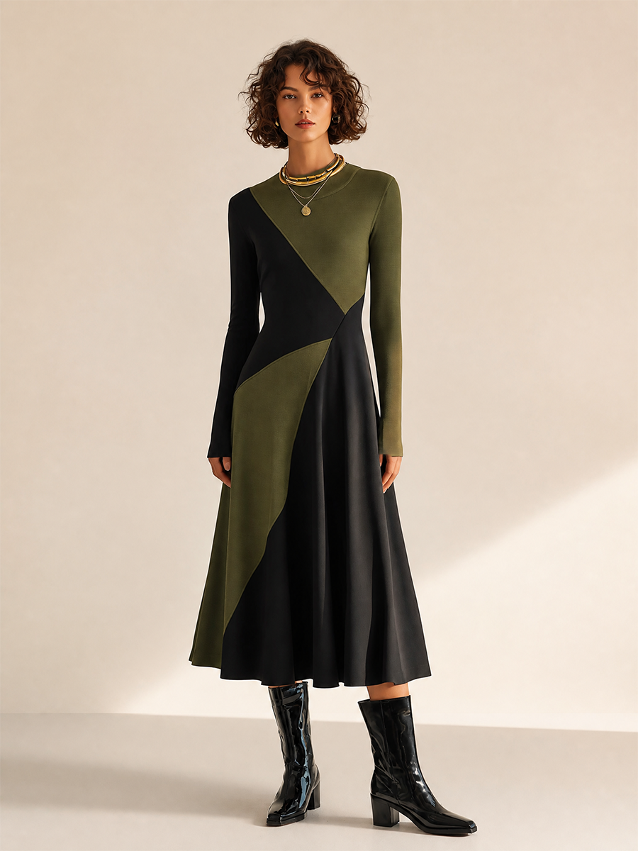 Women's Round Neck Long Sleeve Belted Midi Dress – ModClo