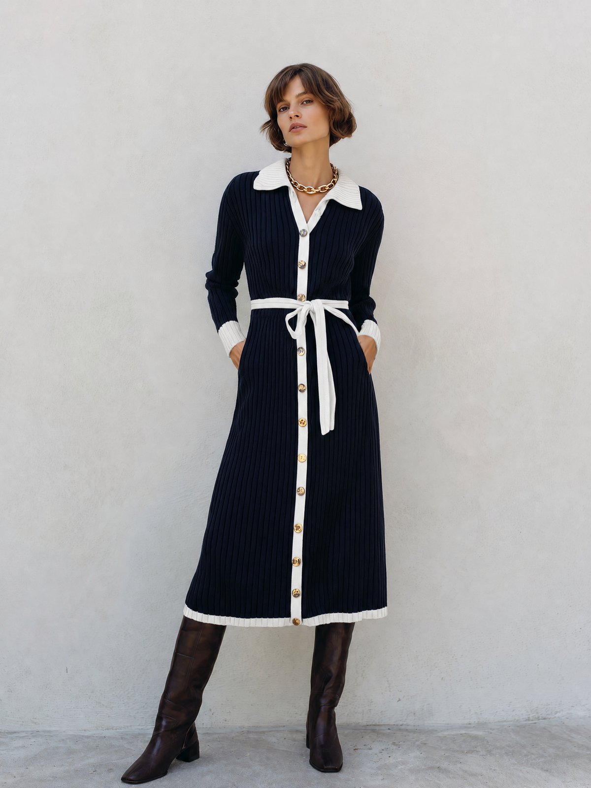 Women's Navy Long Sleeve Sweater Dress – ModClo