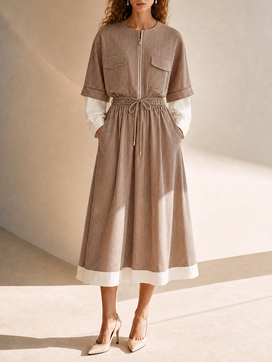 Women's Cotton Round Neck Belted Drawstring Midi Dress – ModClo