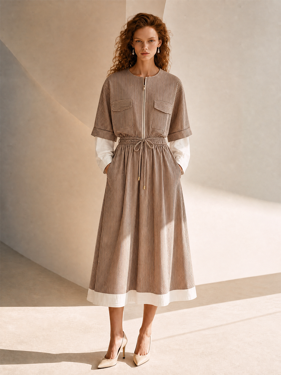 Women's Cotton Round Neck Belted Drawstring Midi Dress – ModClo