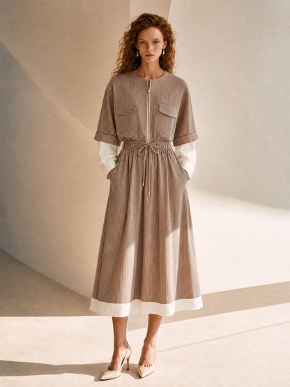 Women's Cotton Round Neck Belted Drawstring Midi Dress – ModClo