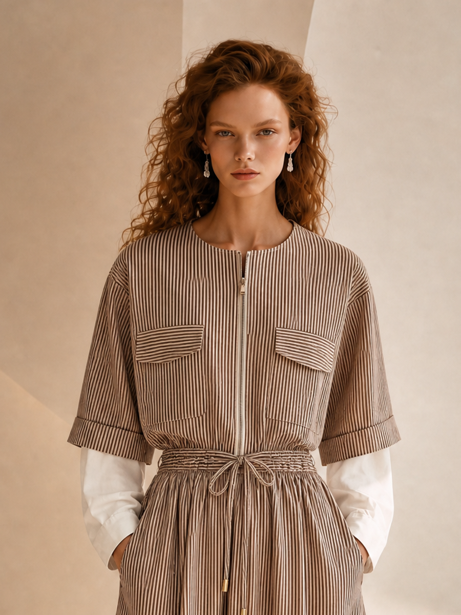 Women's Cotton Round Neck Belted Drawstring Midi Dress – ModClo