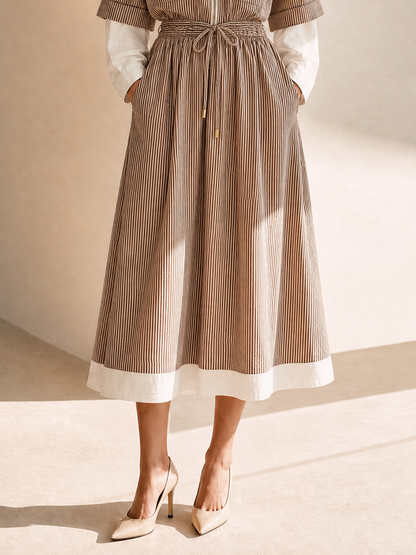 Women's Cotton Round Neck Belted Drawstring Midi Dress – ModClo
