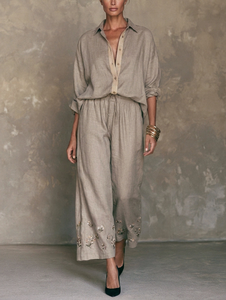 Women's Beige Linen Embroidered Set – ModClo