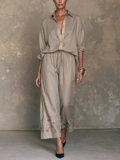 Women's Beige Linen Embroidered Set – ModClo