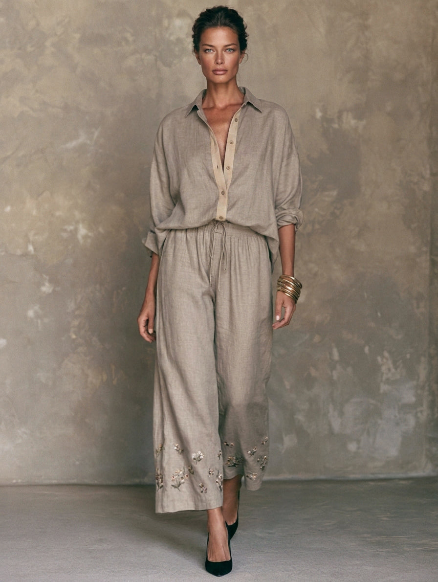 Women's Beige Linen Embroidered Set – ModClo