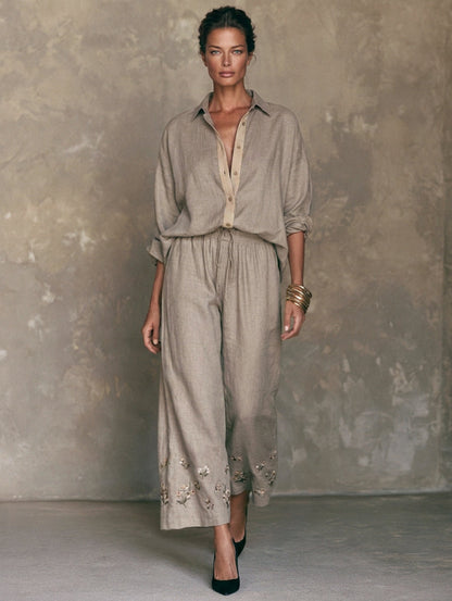 Women's Beige Linen Embroidered Set – ModClo
