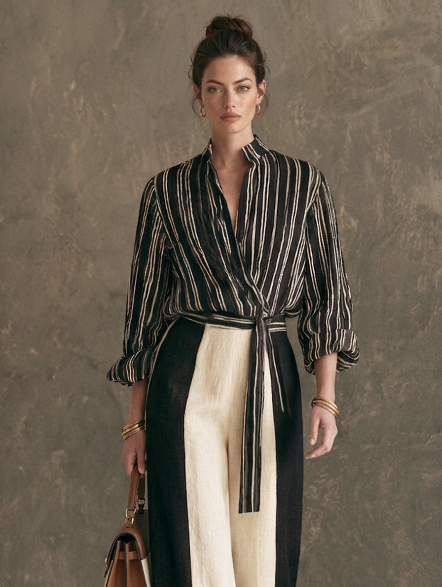 Women's Black Linen Striped Print Set – ModClo