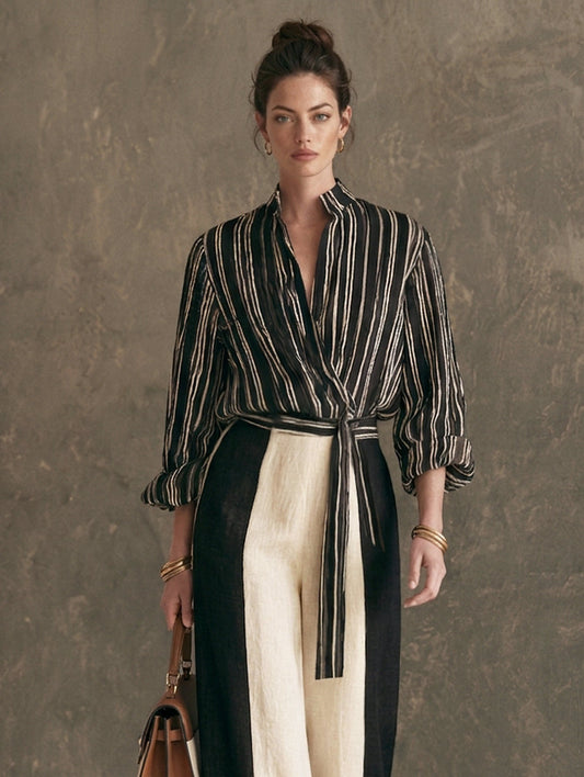 Women's Black Linen Striped Print Set – ModClo