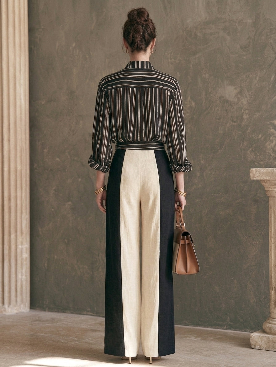 Women's Black Linen Striped Print Set – ModClo
