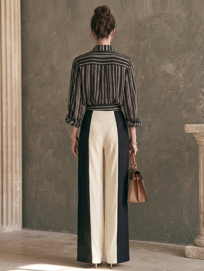 Women's Black Linen Striped Print Set – ModClo