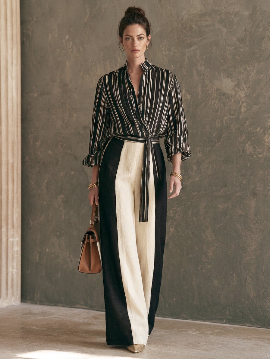 Women's Black Linen Striped Print Set – ModClo