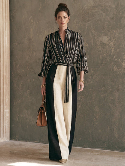 Women's Black Linen Striped Print Set – ModClo
