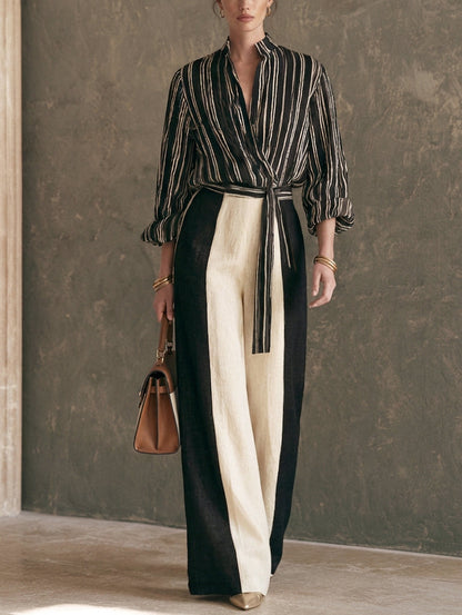 Women's Black Linen Striped Print Set – ModClo