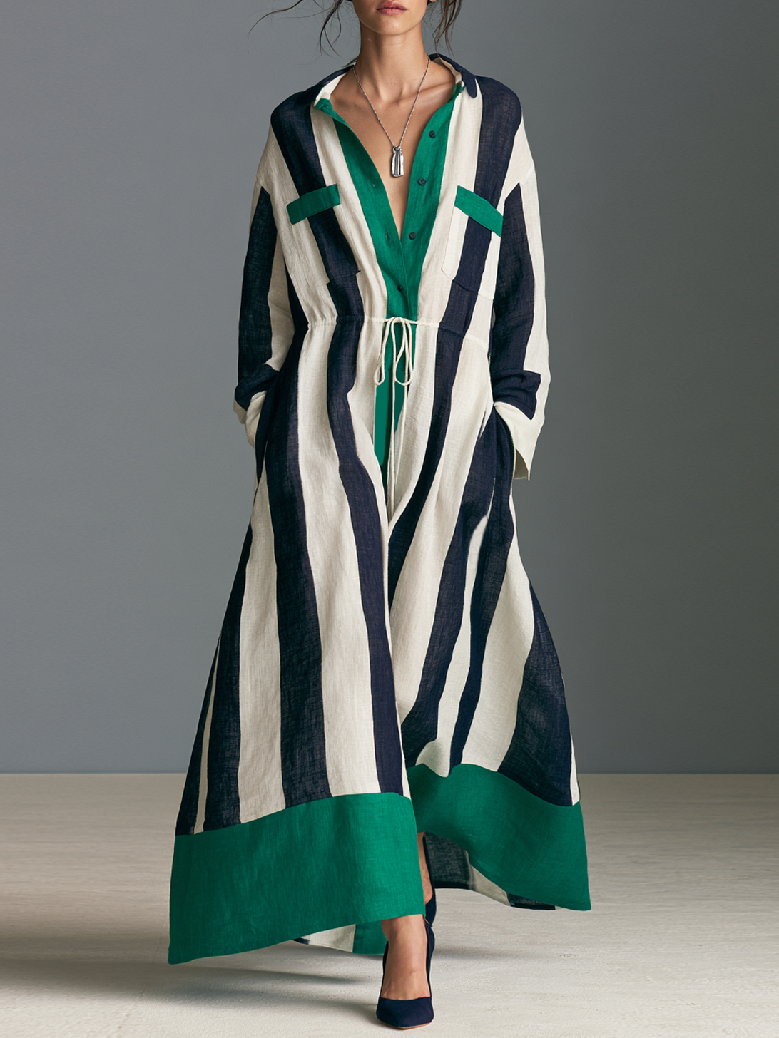 Women's Drawstring Striped Vintage Maxi Dress – ModClo