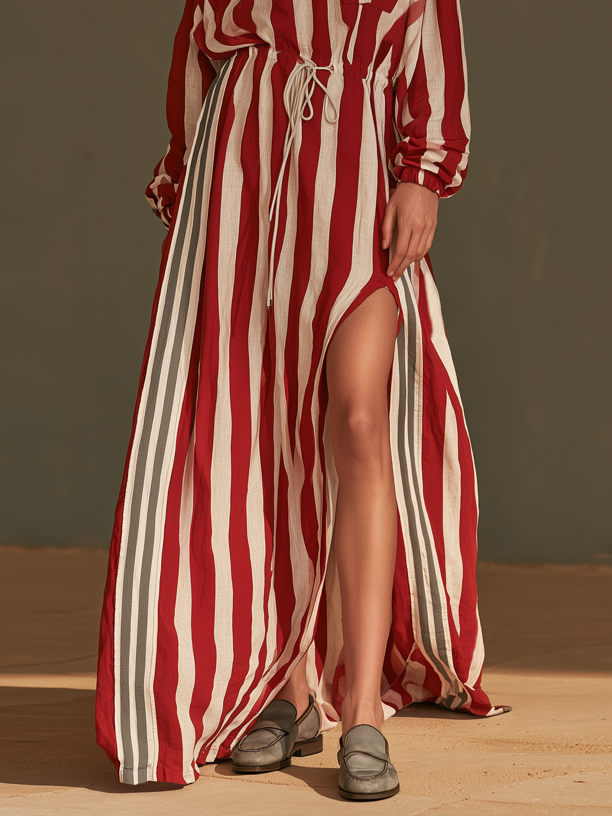 Women's Slit Drawstring Striped Maxi Dress – ModClo