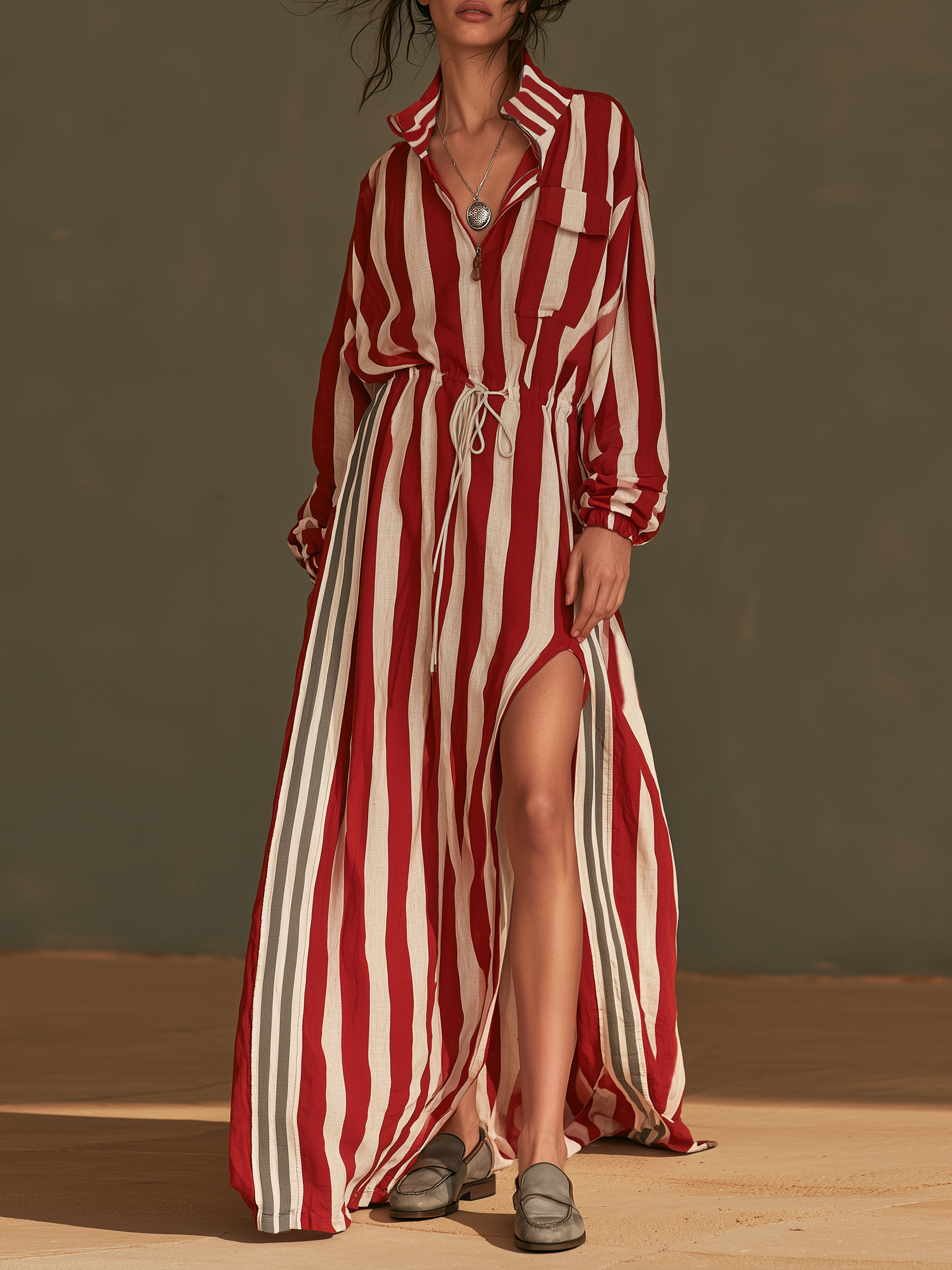 Women's Slit Drawstring Striped Maxi Dress – ModClo