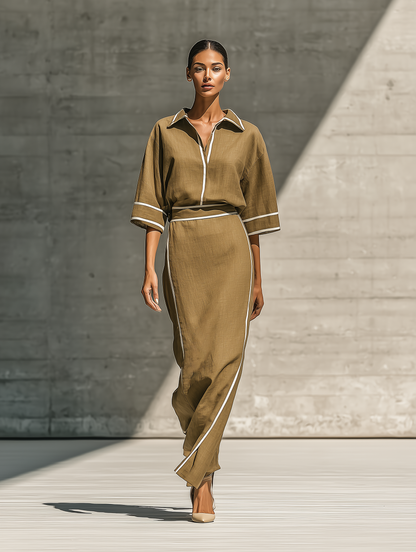 Women's Linen Contrast Piping Skirt Set – ModClo