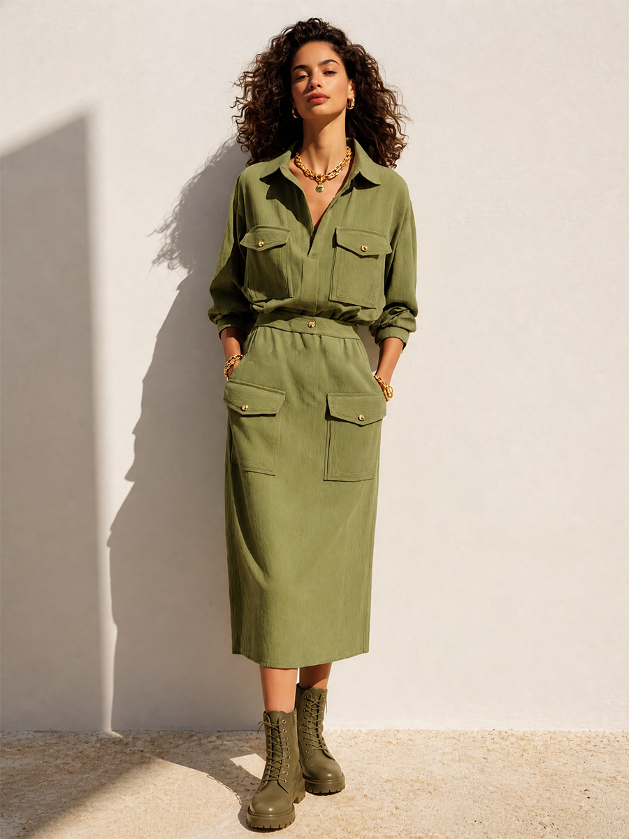Women's Cotton Long Sleeve Utility Cargo Skirt Set – ModClo