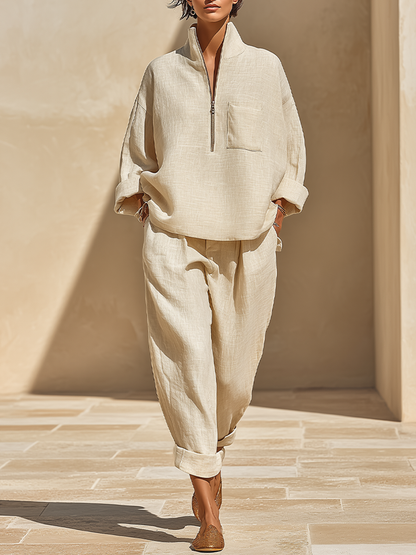 Women's Linen Stand Collar Two-Piece Set – ModClo