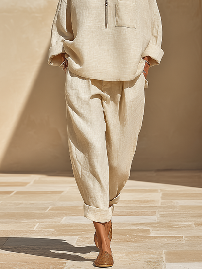 Women's Linen Stand Collar Two-Piece Set – ModClo