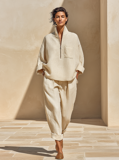 Women's Linen Stand Collar Two-Piece Set – ModClo