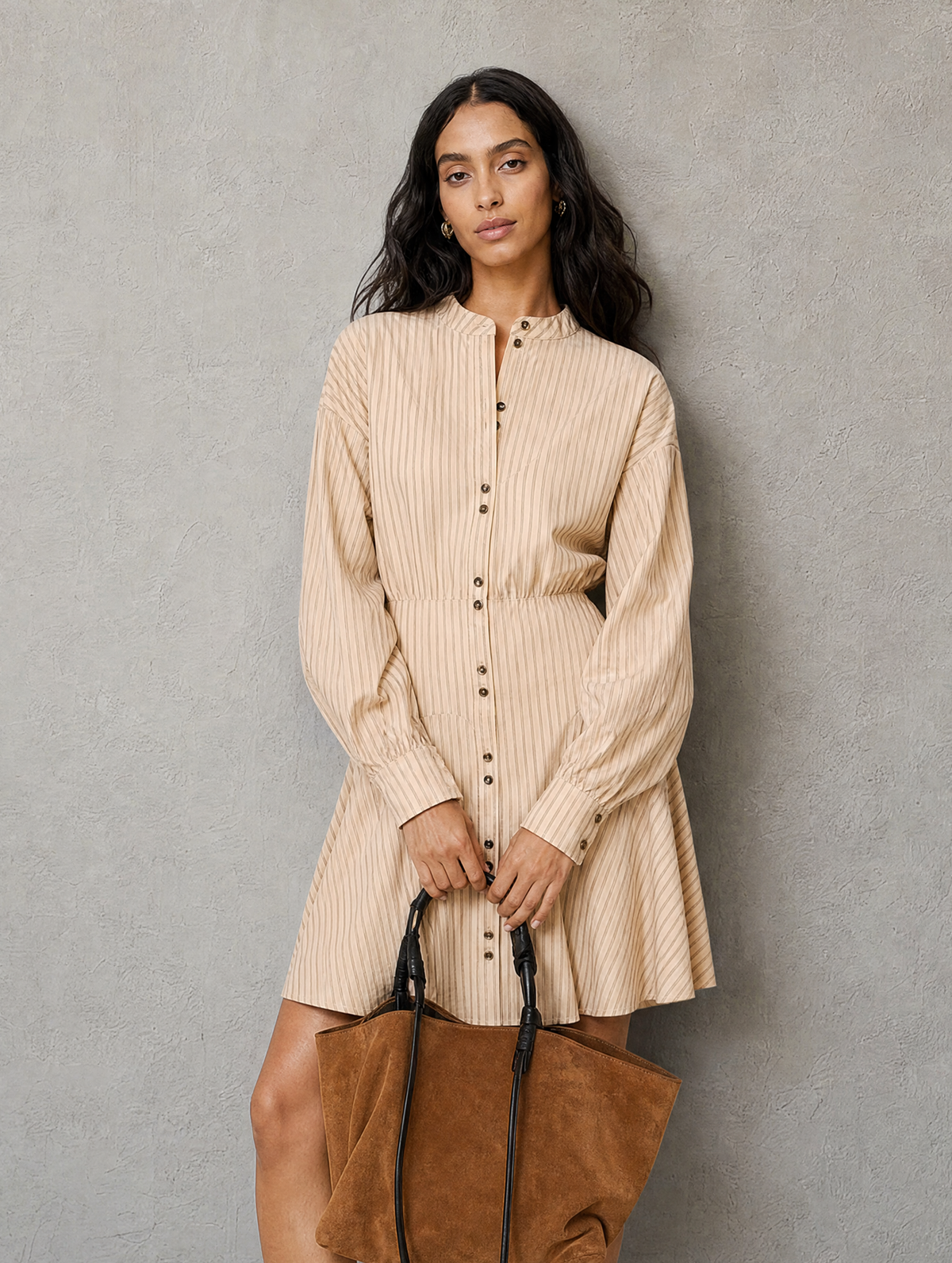 Women's Beige Woven Long Sleeve Striped Mini Dress – ModClo