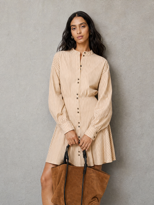 Women's Beige Woven Long Sleeve Striped Mini Dress – ModClo