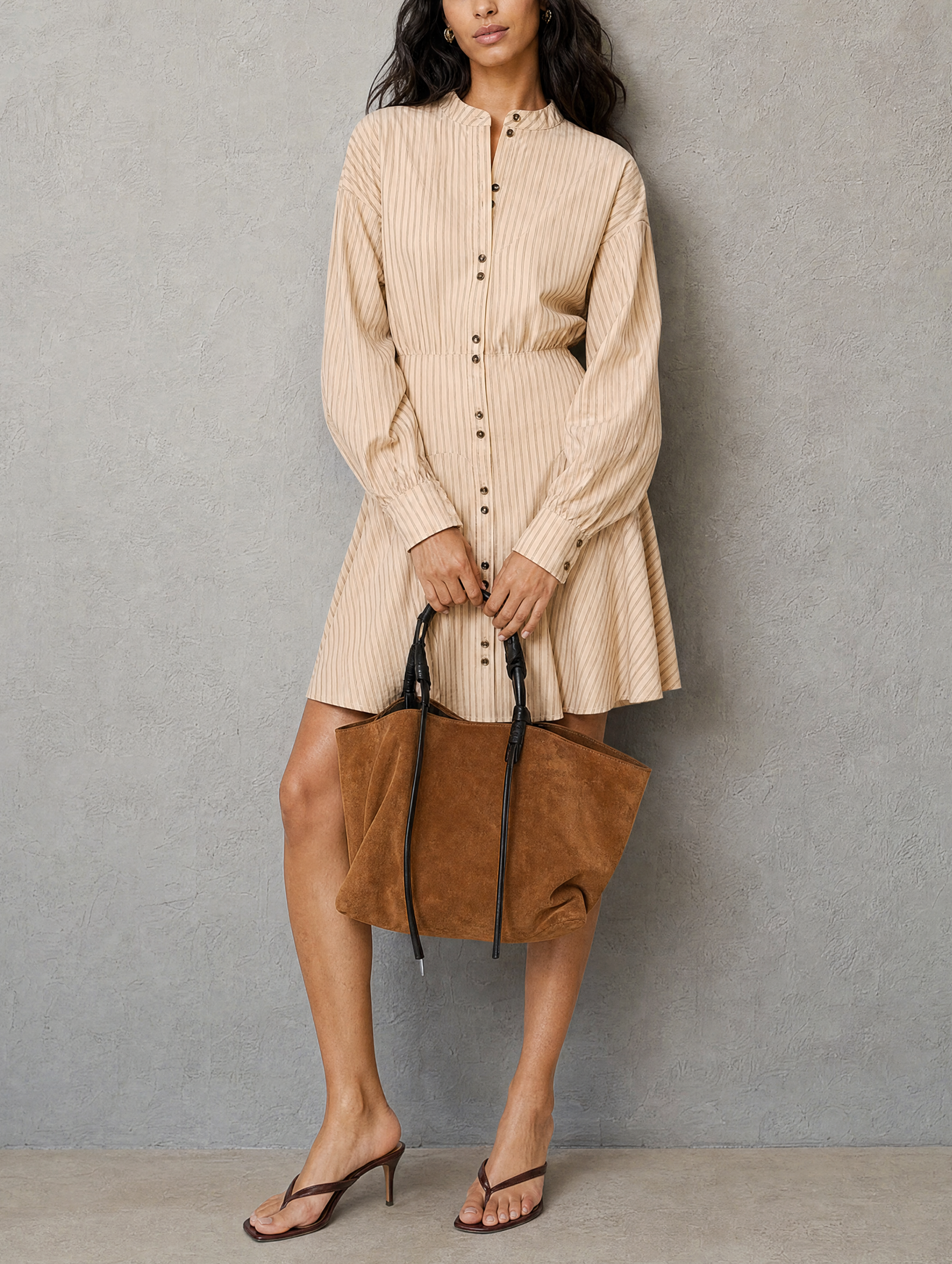 Women's Beige Woven Long Sleeve Striped Mini Dress – ModClo