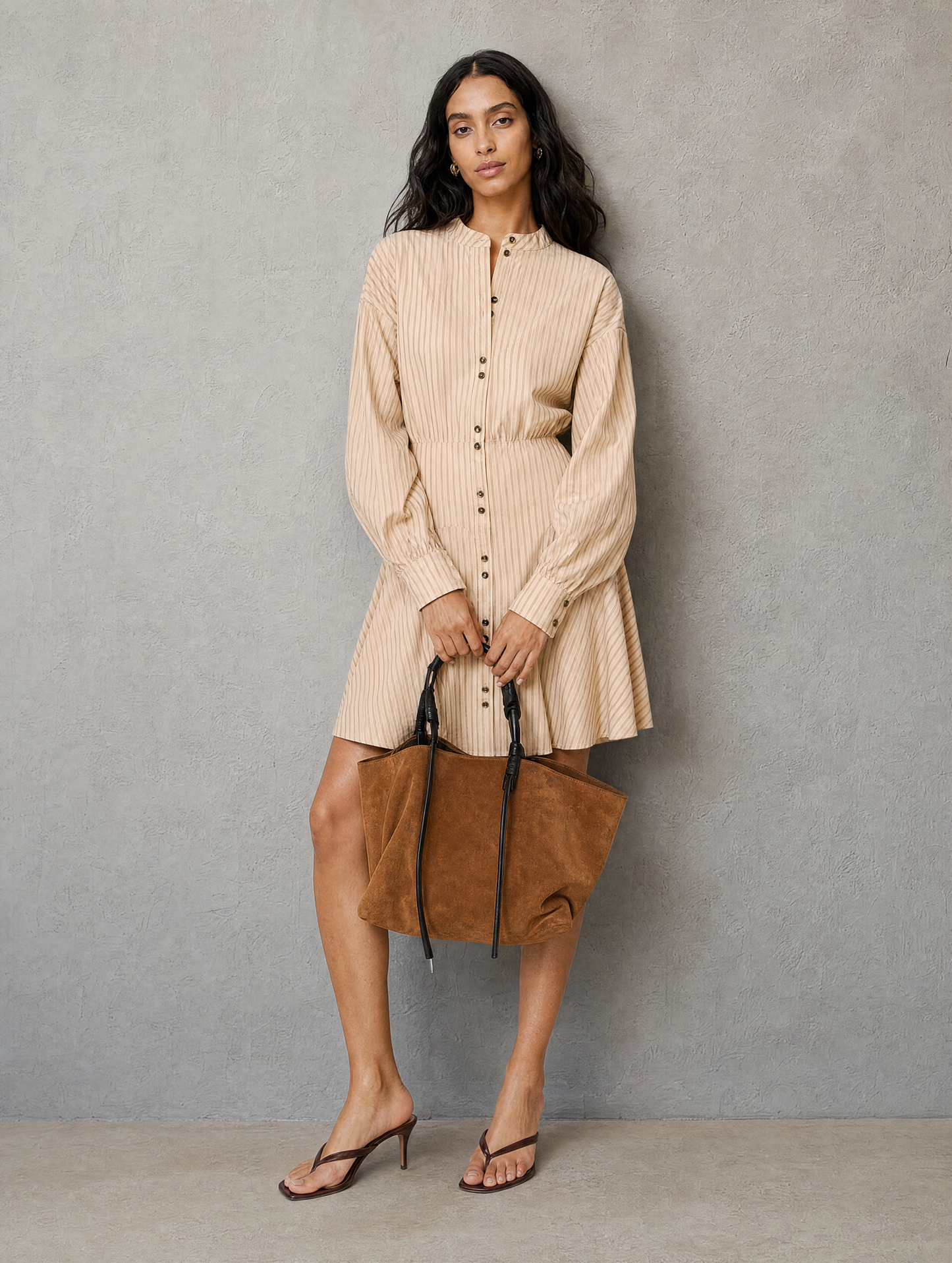 Women's Beige Woven Long Sleeve Striped Mini Dress – ModClo