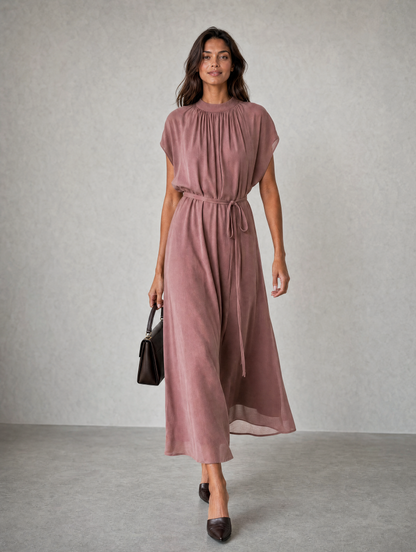 Women's Pink Chiffon Short Sleeve Maxi Dress – ModClo