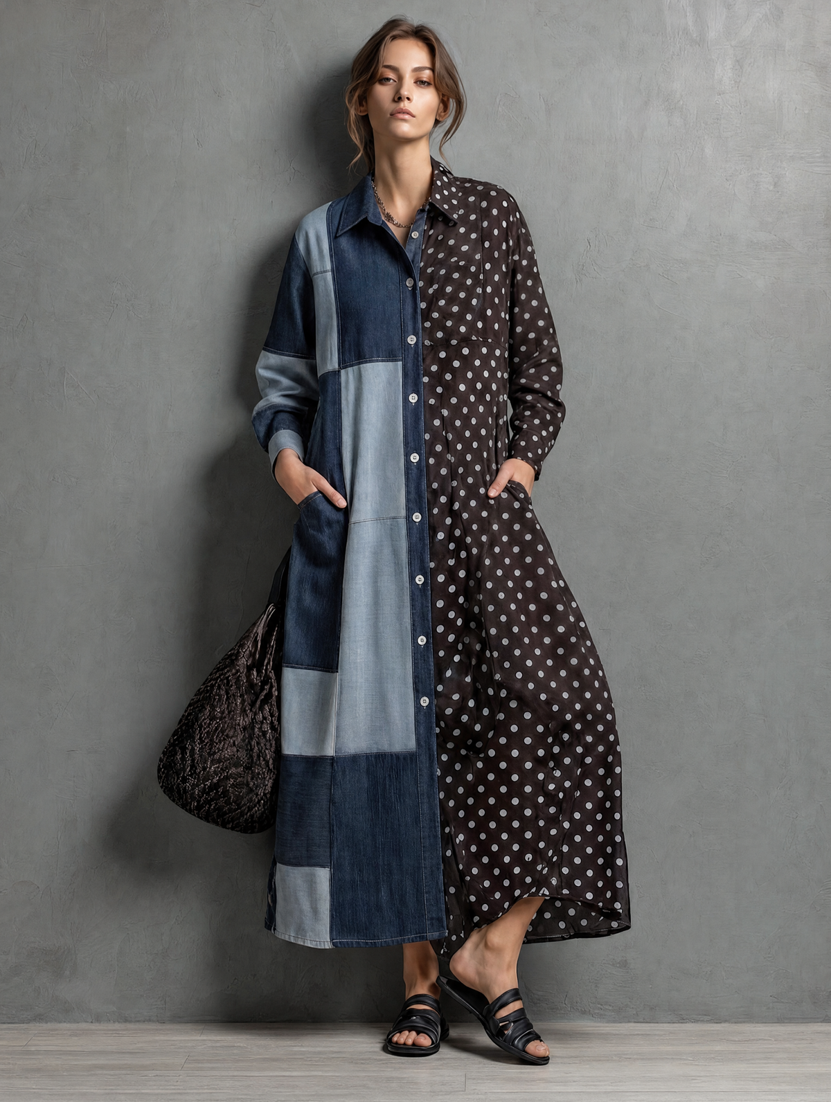 Women's Denim Long Sleeve Polka Dot Maxi Dress – ModClo