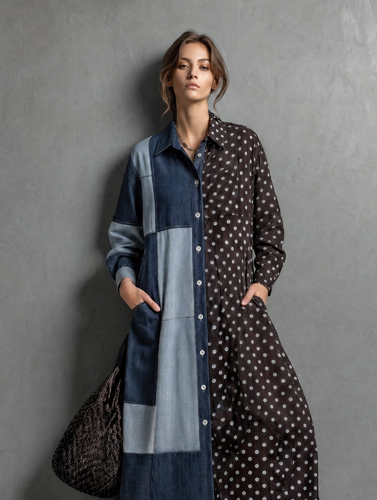 Women's Denim Long Sleeve Polka Dot Maxi Dress – ModClo
