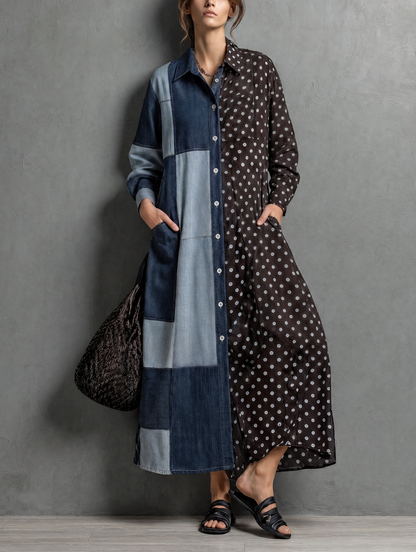 Women's Denim Long Sleeve Polka Dot Maxi Dress – ModClo