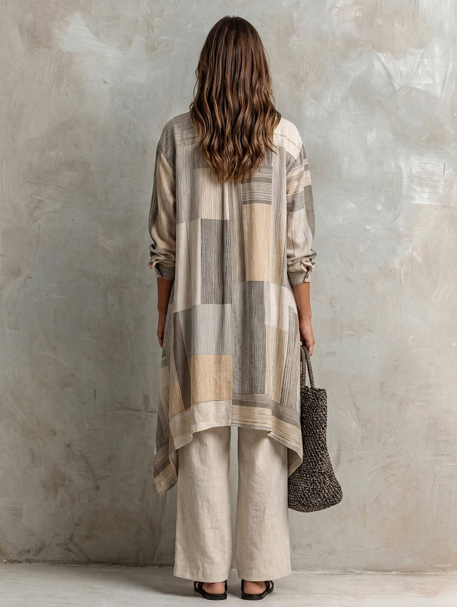 Women's Beige Linen Striped Print Set – ModClo
