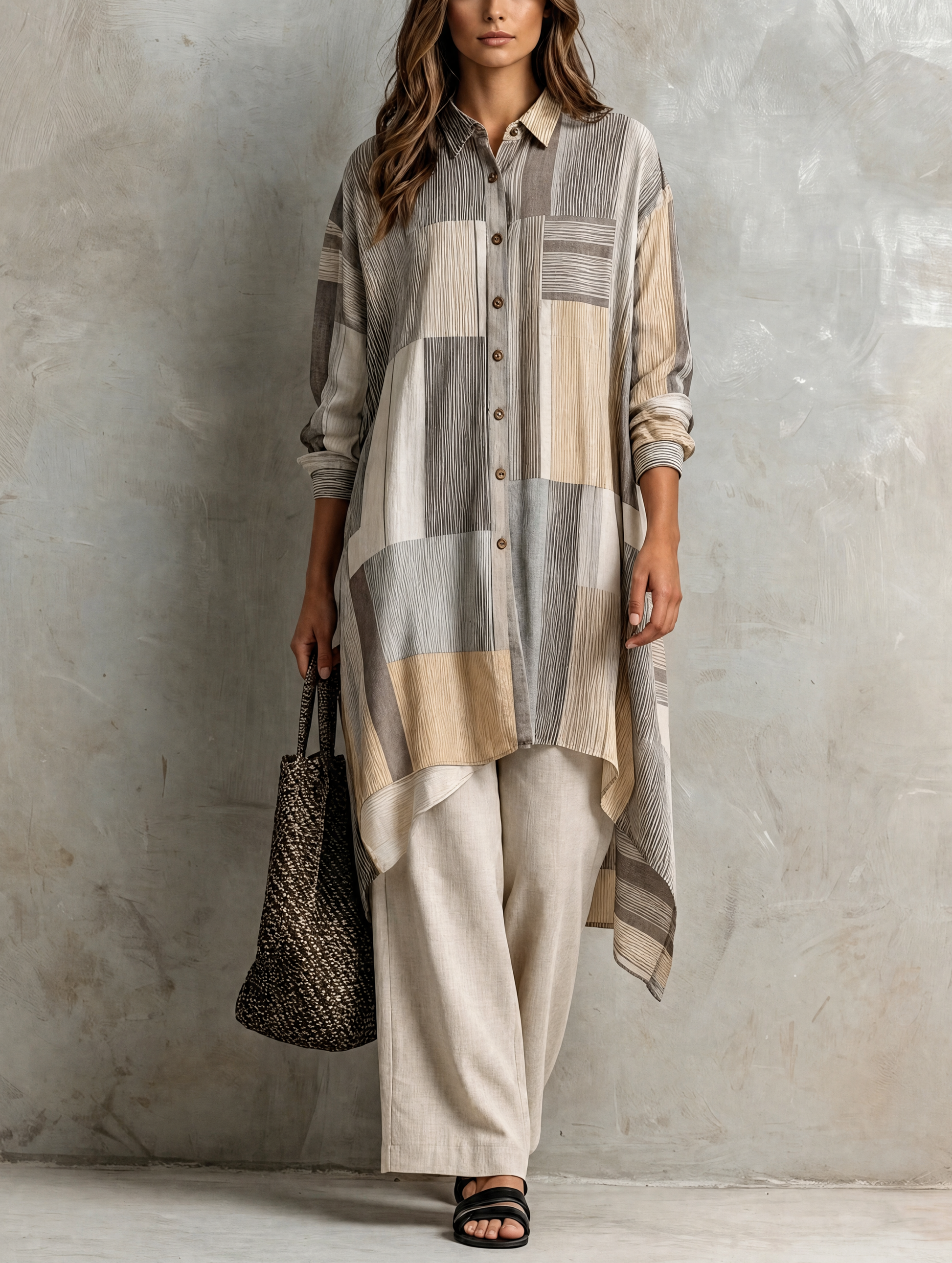 Women's Beige Linen Striped Print Set – ModClo
