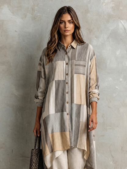 Women's Beige Linen Striped Print Set – ModClo