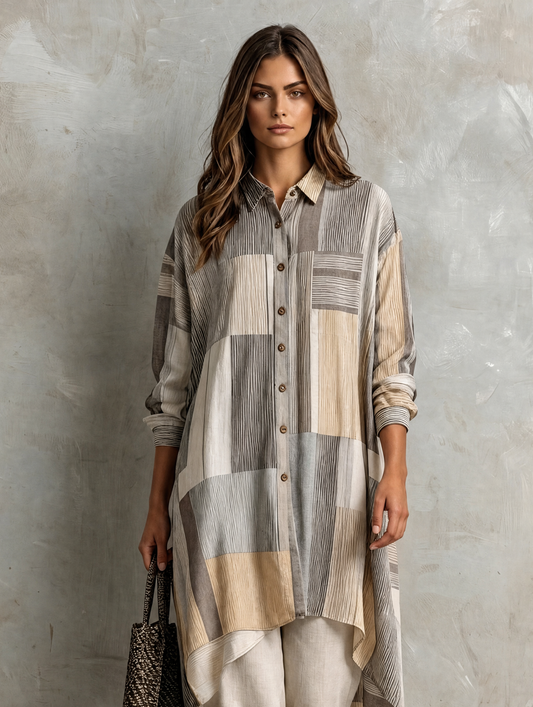 Women's Beige Linen Striped Print Set – ModClo