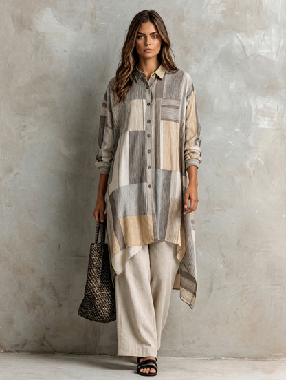 Women's Beige Linen Striped Print Set – ModClo