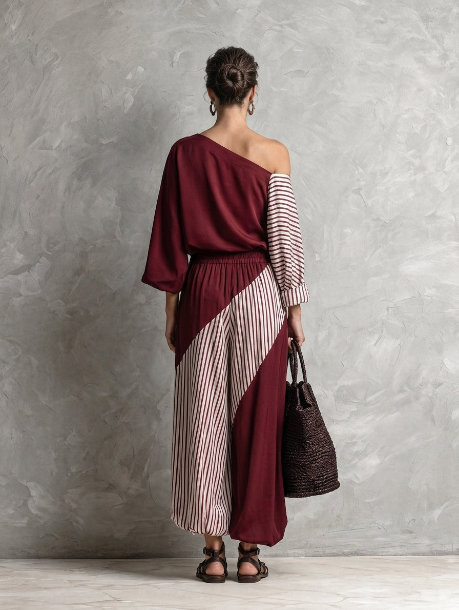 Women's Red Woven Long Sleeve Striped Two-Piece Set – ModClo