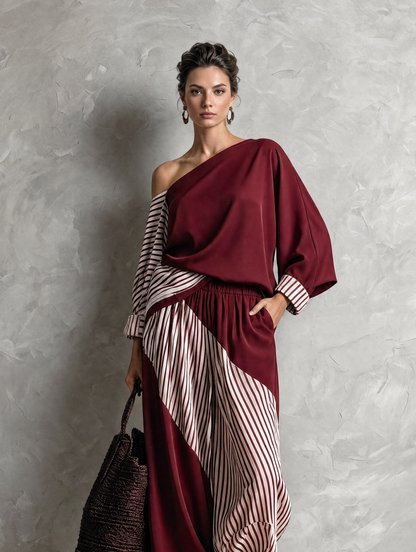 Women's Red Woven Long Sleeve Striped Two-Piece Set – ModClo
