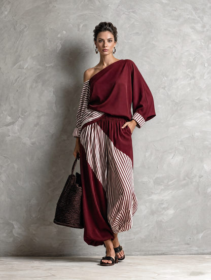 Women's Red Woven Long Sleeve Striped Two-Piece Set – ModClo
