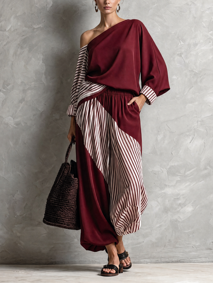 Women's Red Woven Long Sleeve Striped Two-Piece Set – ModClo