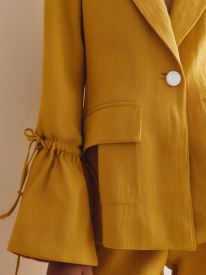 Women's Mustard Linen Lapel Drawstring Blazer – ModClo