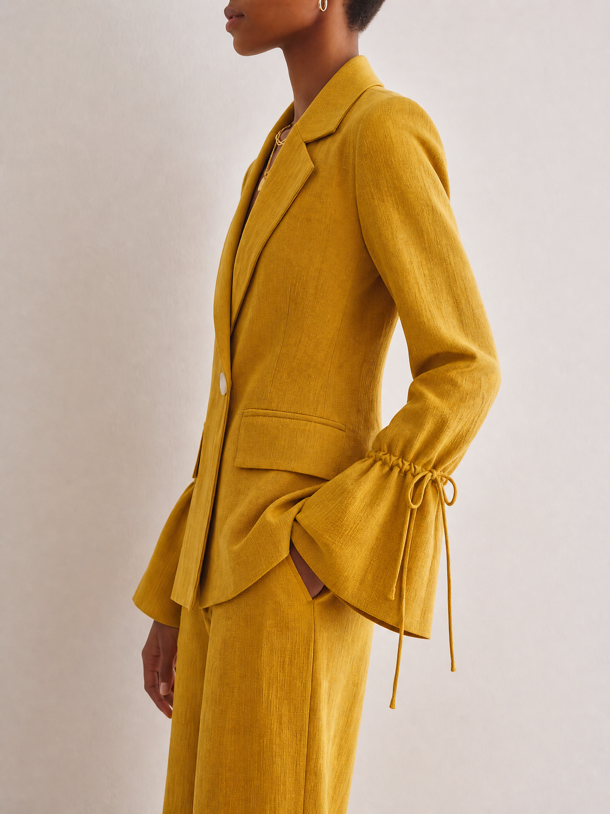 Women's Mustard Linen Lapel Drawstring Blazer – ModClo