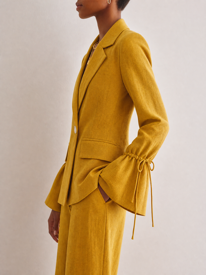 Women's Mustard Linen Lapel Drawstring Blazer – ModClo