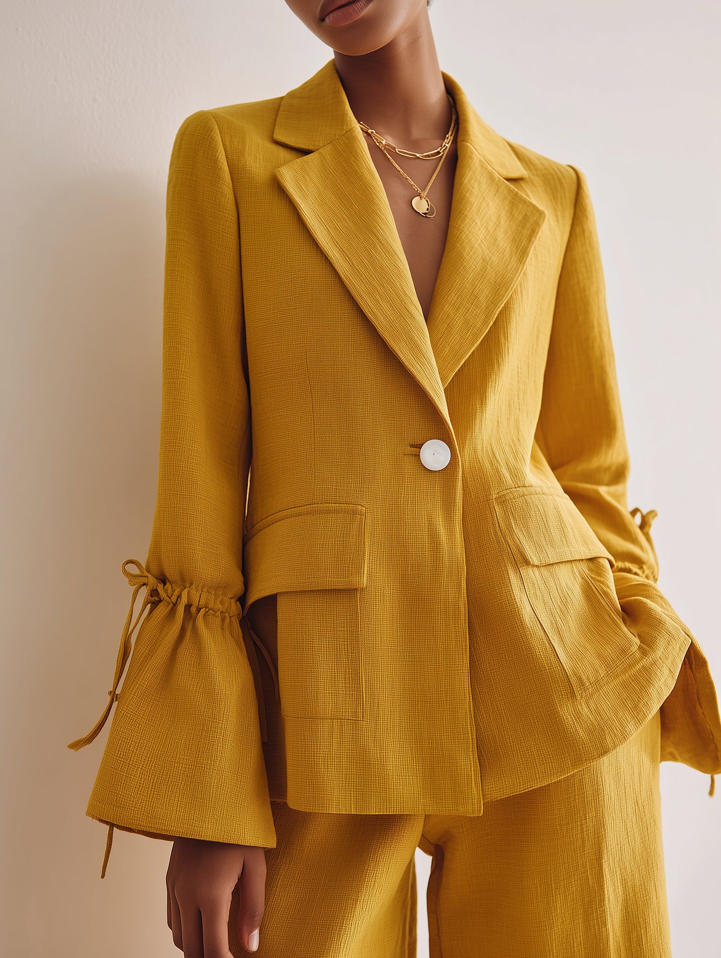 Women's Mustard Linen Lapel Drawstring Blazer – ModClo