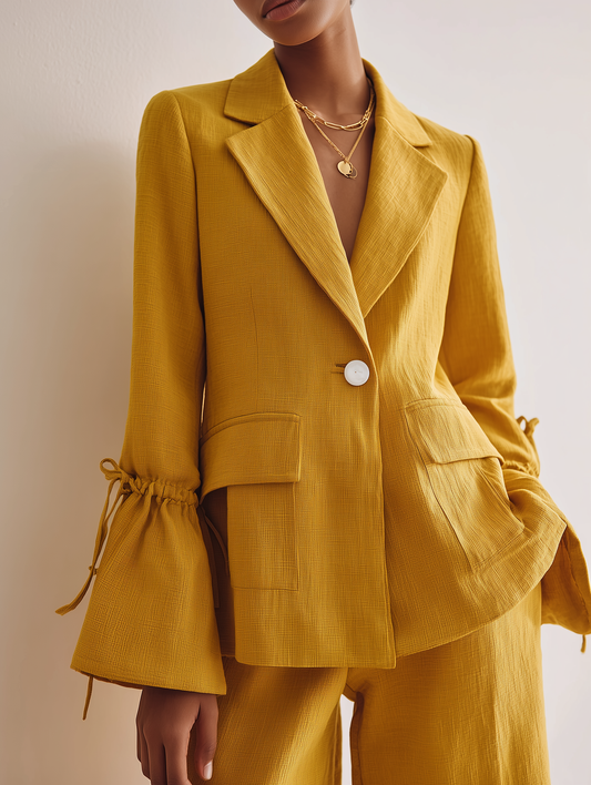 Women's Mustard Linen Lapel Drawstring Blazer – ModClo
