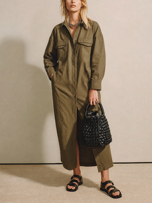 Women's Olive Linen Long Sleeve Shirt Dress – ModClo